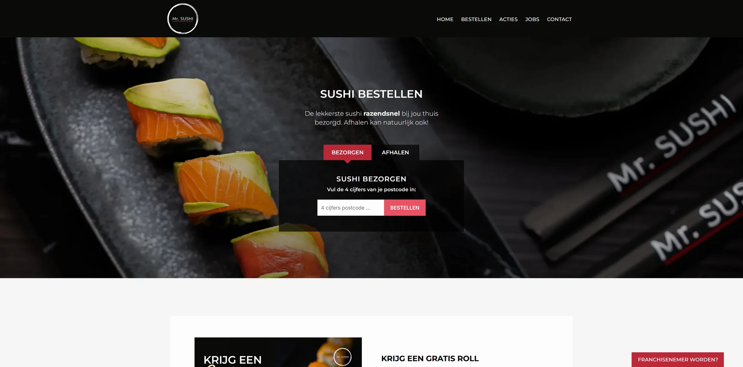Homepage van Mr. Sushi met directe keuze voor bezorgen of afhalen